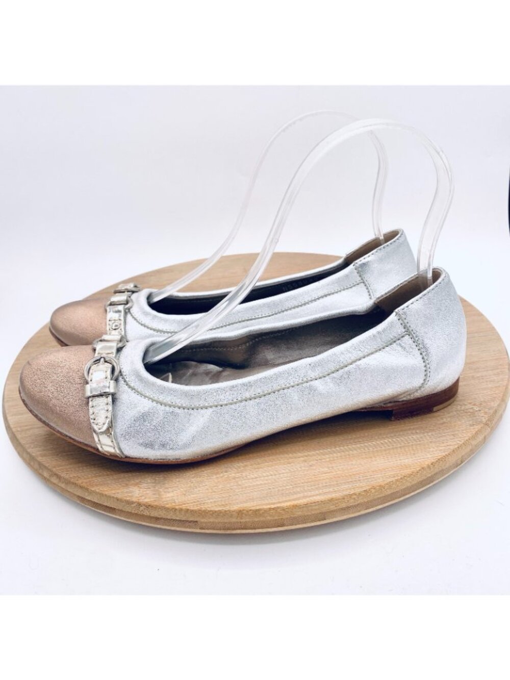 AGL Ballet Flats Womens 7.5 Silver Leather Monika Flats Cap Quiet Luxury Italy - Picture 6 of 13